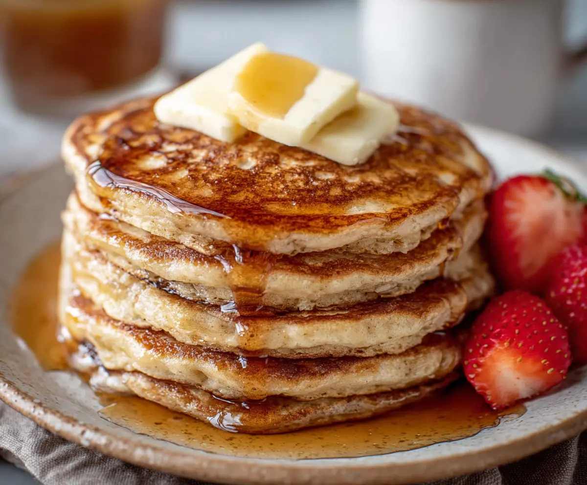 Delicious homemade sourdough discard pancakes topped with fresh berries and syrup.