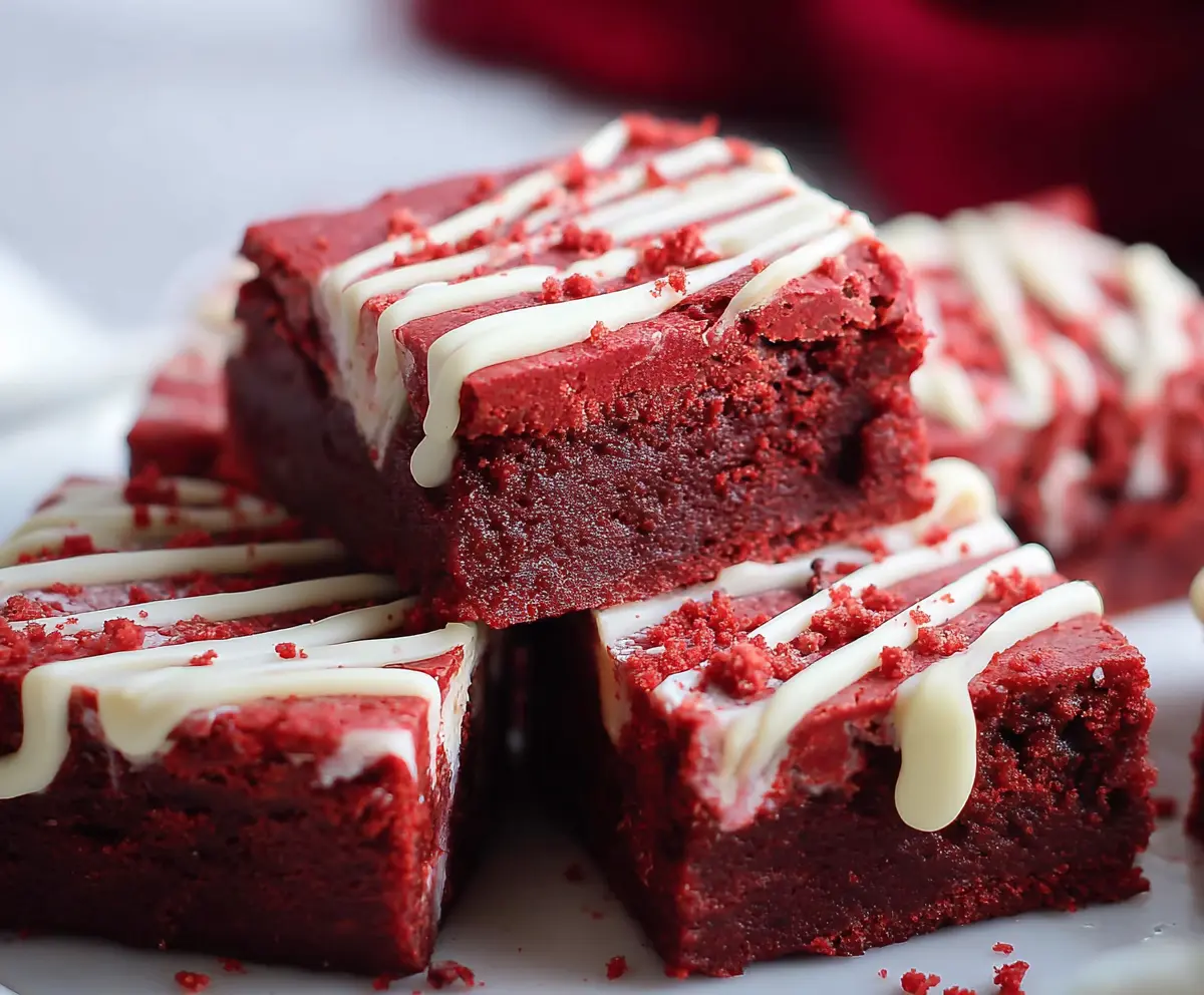 Delicious fudgy red velvet brownies topped with cream cheese frosting, perfect for Valentine's Day treats.