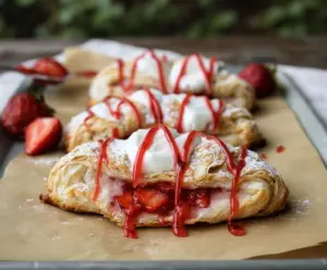 Delicious Vegan Strawberry Cream Danish topped with fresh strawberries for Valentine's Day dessert.