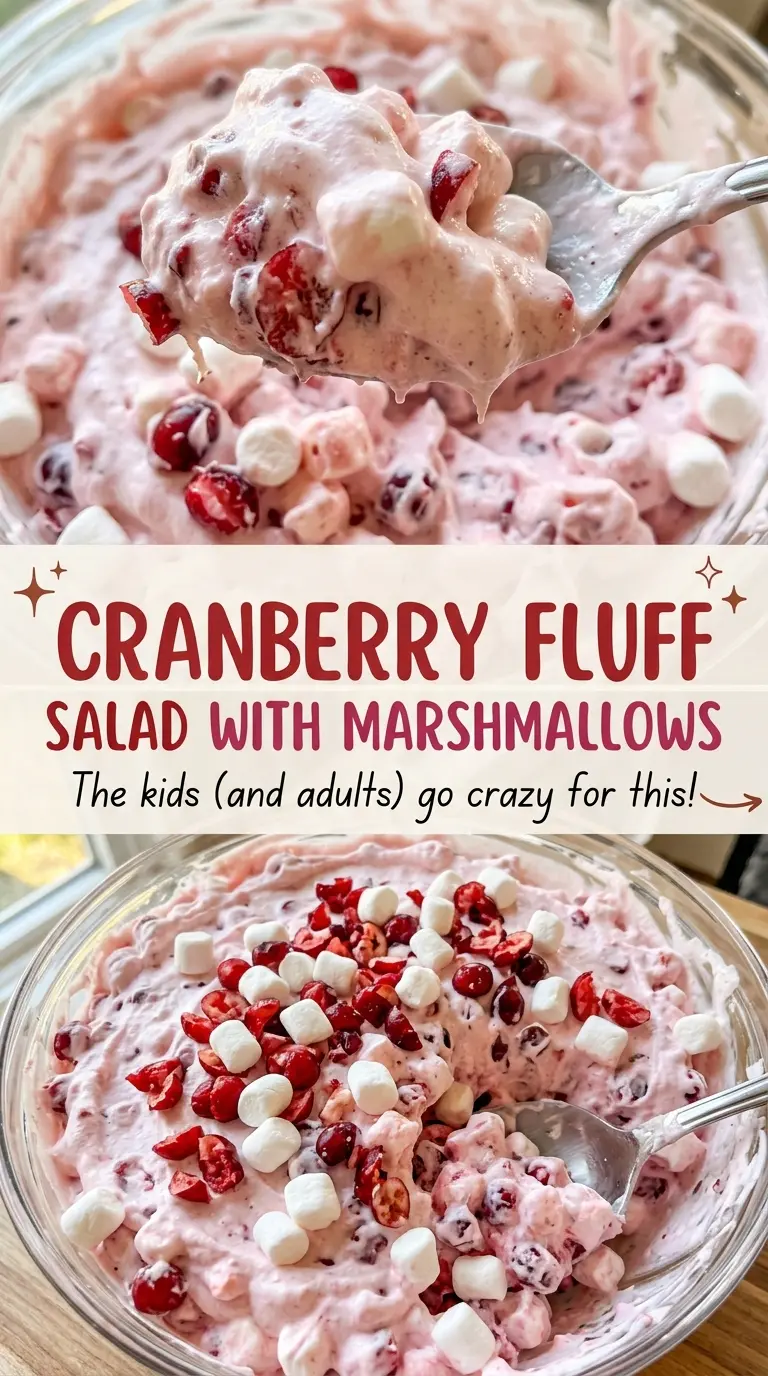 Cranberry fluff salad with marshmallows, airy pink fruit